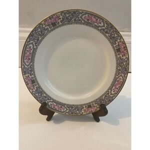 Vintage Floral Rim Porcelain Plate Gold Trim Blue Pink Roses Decorative